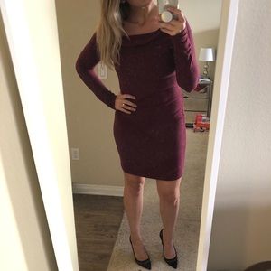 Burgundy or Wine colored off the shoulder dress.